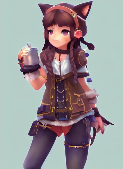 Image similar to female explorer mini cute girl, adoptable, highly detailed, rendered, ray - tracing, cgi animated, 3 d demo reel avatar, style of maple story and aura kingdom, maple story indiana jones, fluffy fox ears, dark skin, cool clothes, soft shade, soft lighting, portrait pose