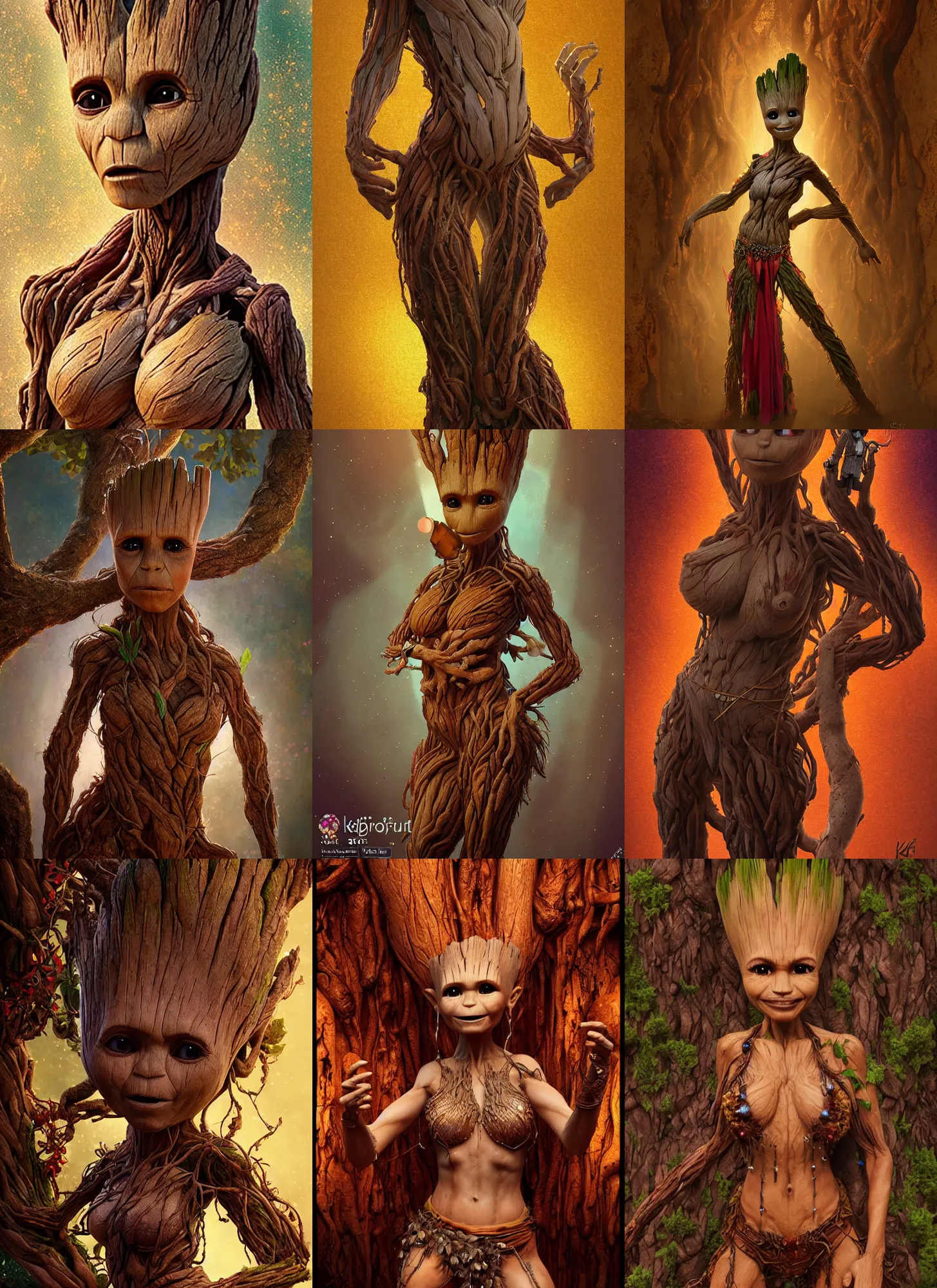 Prompt: portrait of groot as a belly dancer, au naturel, hyper detailed, digital art, trending in artstation, cinematic lighting, studio quality, smooth render, unreal engine 5 rendered, octane rendered, art style by klimt and nixeu and ian sprigger and wlop and krenz cushart.