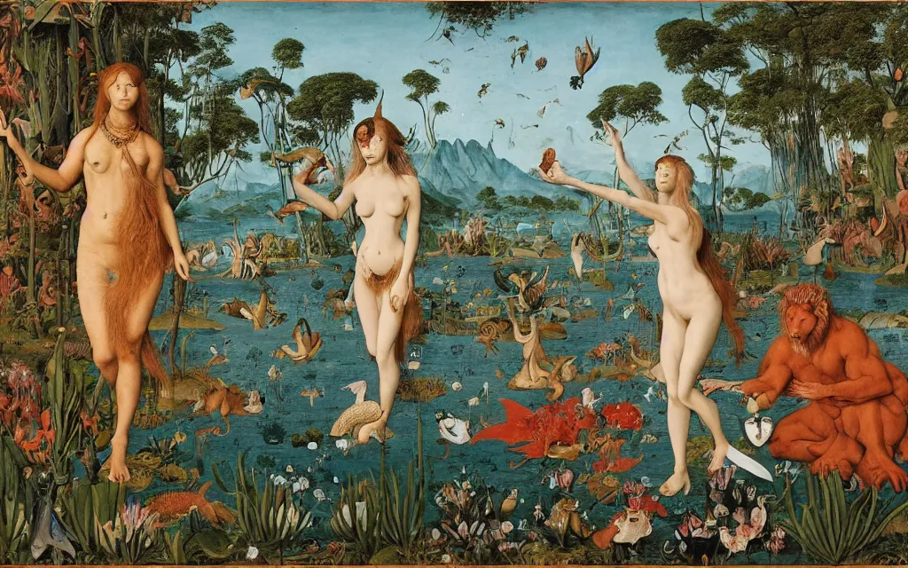 Image similar to a portrait photograph of a meditating mermaid werewolf and a centaur prince feeding tropical animals at a wide river delta. surrounded by bulbous flowers, animals, trees and fish. mountain range under a vast blue sky of burning stars. painted by jan van eyck, max ernst, ernst haeckel, cgsociety, artstation, fashion editorial