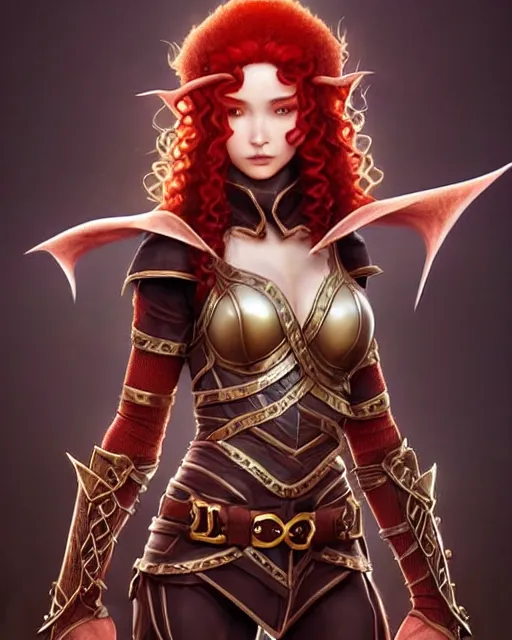 Image similar to ranger, intricate fantasy outfit!!! beautiful and athletic red curly hair female elf!! gorgeous face and eyes!! character concept art, sharp focus, octane render! unreal engine 5! highly rendered!! trending on artstation!! detailed linework!! illustration by artgerm, wlop, and chie yoshii