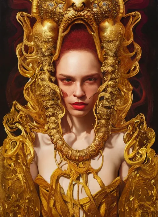 Image similar to highly detailed oil painting | very intricate | cinematic lighting | award - winning | golden baroque tiki mask fashion by alexander mcqueen | by roberto ferri, by tom bagshaw, by j. c. leyendecker and klimt, american romanticism, by austin osman spare, artstation, cgsociety, official art, octane