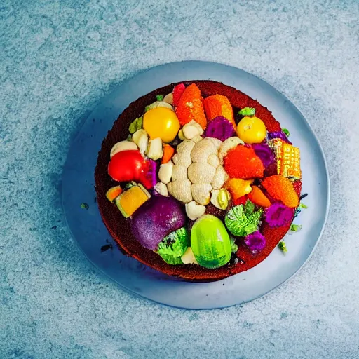 Prompt: photo of a cake with vegetables toppings