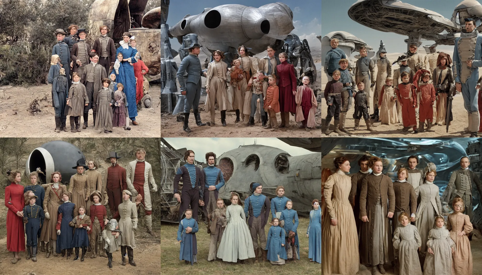 Prompt: sharp, highly detailed, 435456k film, 1612800mm film still from a sci fi blockbuster color movie made in 2019, set in 1860, of a family standing in front of a spaceship that has just landed on an alien planet, the family are all wearing 1860s era clothes, cinema lighting, good photography, ultra high definition, in focus
