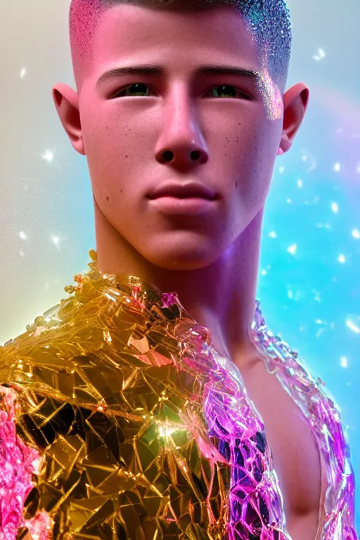 Image similar to hyper detailed ultra sharp fullbody photo of baroque and cyberpunk transparent pink gem sculpture of a muscular seductive young nick jonas feeling muy cachondo, muy dotado, iridescent humanoid deity wearing pink plastic seethrough cloak, holding a rainbow tiger gem, blue diamond, glowing pink face, crown of white diamonds, cinematic lighting, photorealistic, octane render 8 k