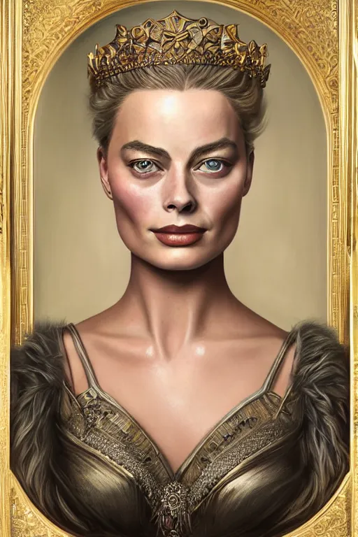 Prompt: A stunning realistic fine art painting of Margot Robbie as a queen by Tom bagshaw, studio portrait, 50mm lens 4k,