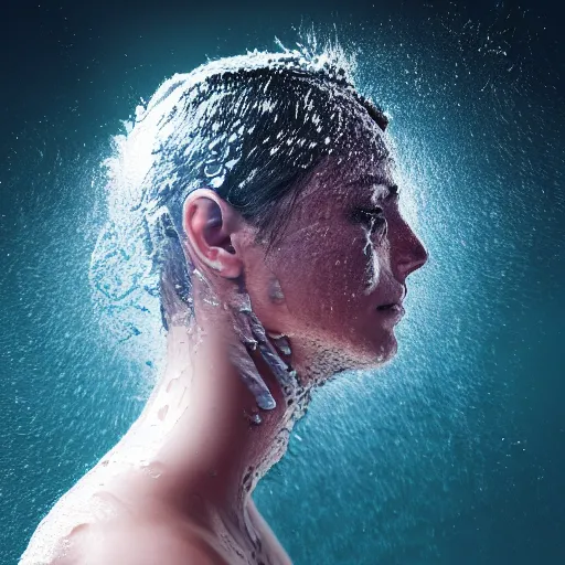 Image similar to a human head logo icon water art manipulation, white background, futuristic, glowing, hyper realistic, ray tracing, realistic water splashes, sharp focus, long shot, 8 k resolution, cinematic, photoshop art