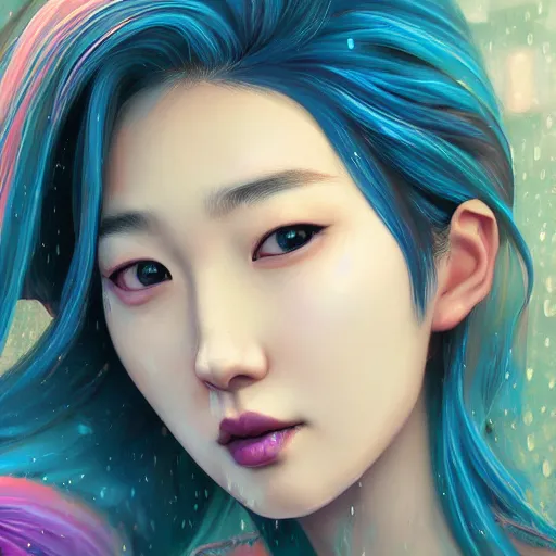 Image similar to a digital painting of hyoni kang in the rain with blue hair, cute - fine - face, pretty face, art by sim sa - jeong, cgsociety, synchromism, detailed painting, glowing neon, digital illustration, perfect face, extremely fine details, realistic shaded lighting, dynamic colorful background