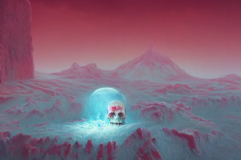 Image similar to a hd render of a surreal frozen landscape, cinematic lighting, by beeple and zdzisław beksinski, hovering red skull spilling blood