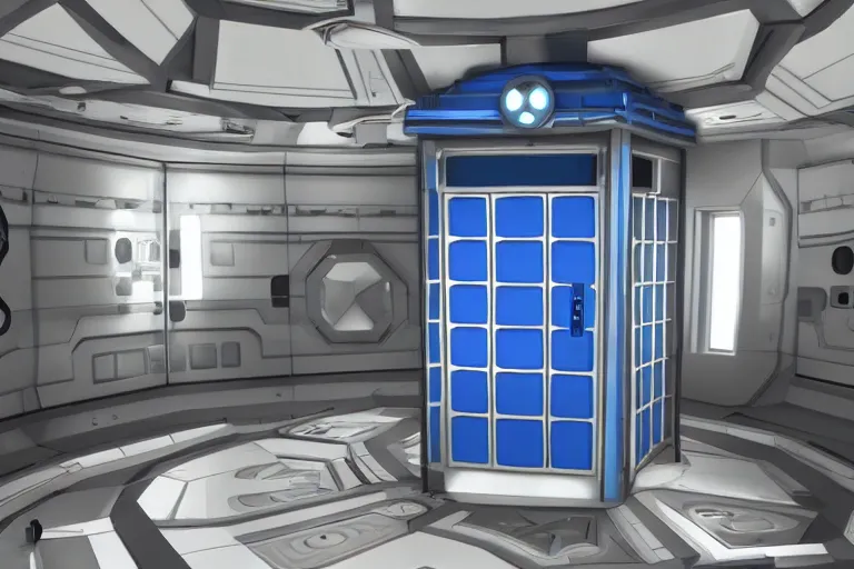 Image similar to futuristic tardis interior stylized like portal 2