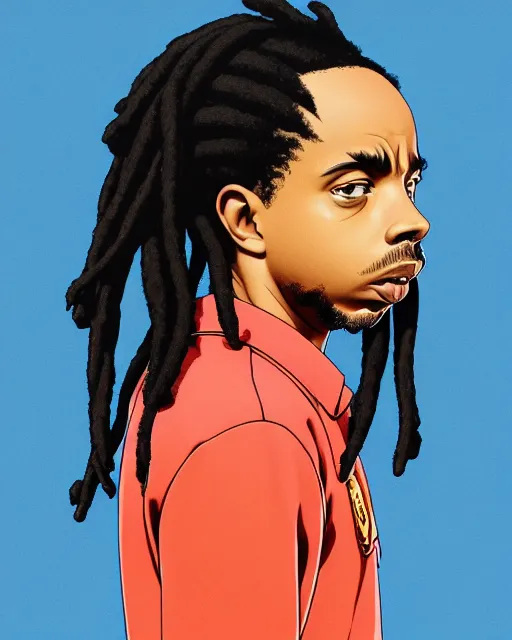 Prompt: earl sweatshirt wearing uniform, dreadlocks, holding pistol at side, side view, looking down | | audrey plaza, fine detail!! anime!! realistic shaded lighting!! poster by ilya kuvshinov katsuhiro otomo ghost - in - the - shell, magali villeneuve, artgerm, jeremy lipkin and michael garmash and rob rey