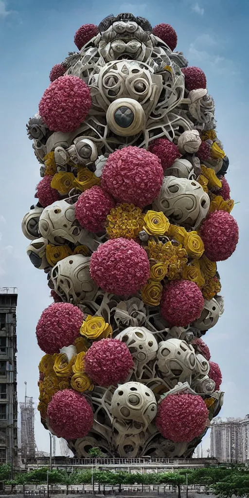 Image similar to colossal grotesque flower made from best unfulfilled mankind projects in the middle of abandoned post soviet constructivist cityscape, Stalinist architecture, ultradetailed, Intricate by Hayao Miyazaki and Josan Gonzalez and Makoto Shinkai and Giuseppe Arcimboldo and Wes Anderson