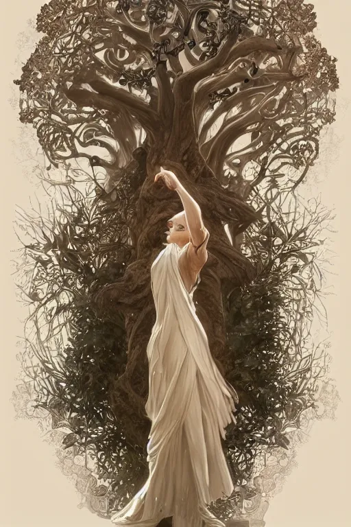 Image similar to ultra realistic illustration, a statue of the tree of life, intricate, elegant, highly detailed, digital painting, artstation, concept art, smooth, sharp focus, illustration, art by artgerm and greg rutkowski and alphonse mucha