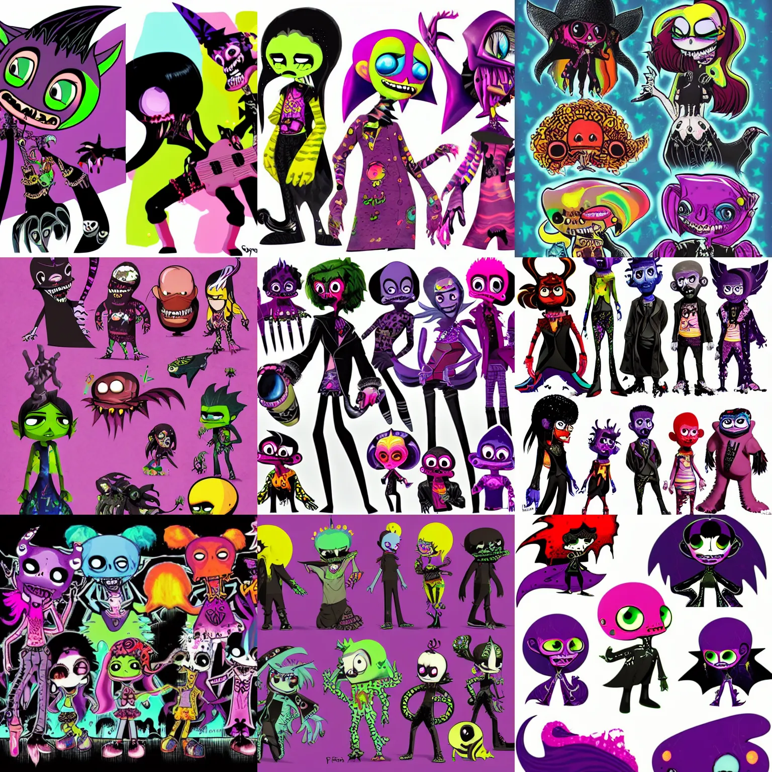 Prompt: lisa frank gothic punk vampiric rockstar vampire squid concept character designs of various shapes and sizes by genndy tartakovsky and the creators of fret nice at pieces interactive and splatoon by nintendo and the psychonauts by doublefine tim shafer artists for the new hotel transylvania film managed by pixar and overseen by Jamie Hewlett from gorillaz
