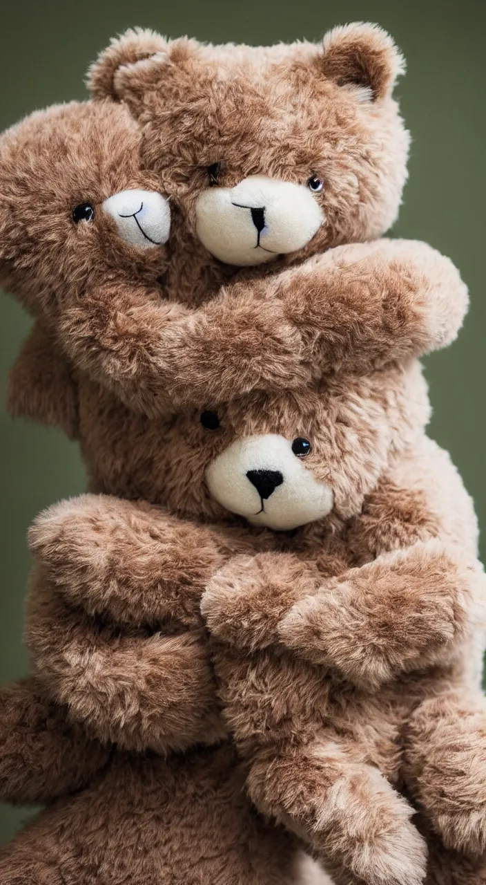 Prompt: teddy bear hugging a plush cat
