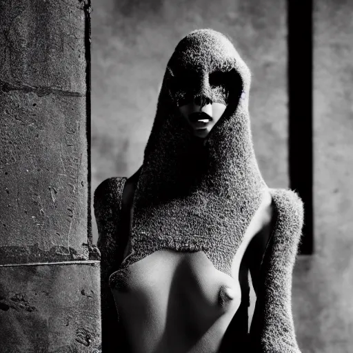 Prompt: fashion photography of an extraterrestrial model, wearing demobaza fashion, inside berghain, berlin fashion,, futuristic fashion, dark minimal outfit, photo 3 5 mm leica, hyperdetail, berghain, 8 k, very detailed, photo by nick knight