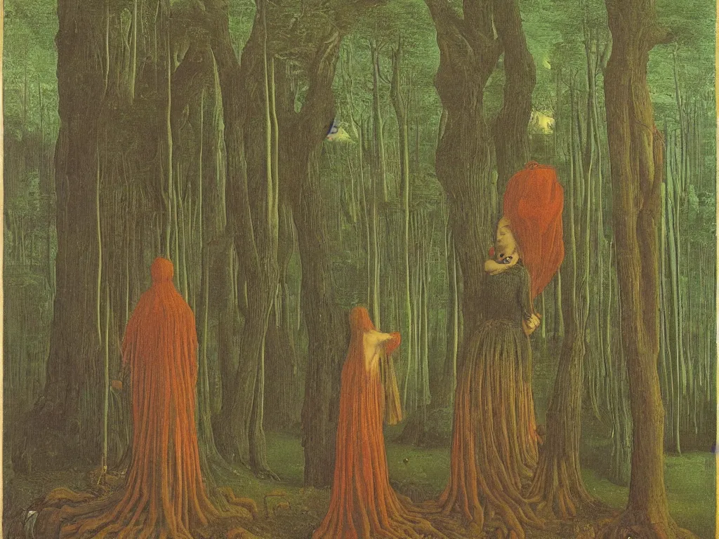 Prompt: Portrait of melancholic non gendered person coming from the future in spiked cloth. Background with the giant totemic forest. Sleepless night. Painting by Jan van Eyck, Rene Magritte, Jean Delville, Max Ernst, Maria Sybilla Merian