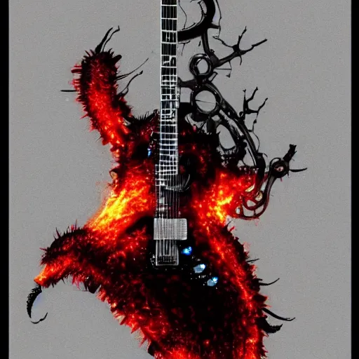 Image similar to flamethrower guitar robot by Yoshitaka Amano, by HR Giger, biomechanical, 4k, hyper detailed, hyperrealism, anime, a Blood Moon rising on a Broken World, deviantart, artstation