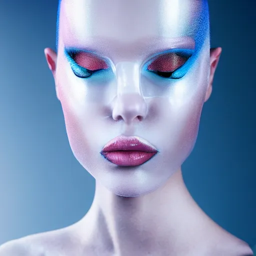 Image similar to high fashion photography of a model in neo futurism white sci - fi makup, transparent cloth, beautifully lit