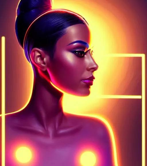 Image similar to symmetry!! egyptian princess of technology, solid cube of light, hard edges, product render retro - futuristic poster scifi, lasers and neon circuits, brown skin gorgeous egyptian princess, intricate, elegant, highly detailed, digital painting, artstation, concept art, smooth, sharp focus, illustration, dreamlike, art by artgerm