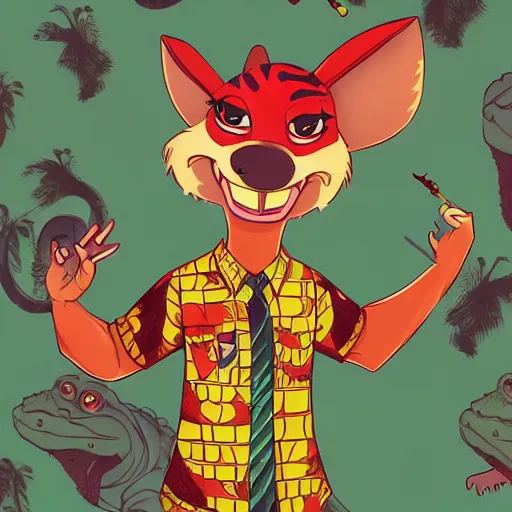 Image similar to in the style of artgerm, loish, anthropomorphic alligator, red scales on his back, yellow scale on his belly and chest, male, waring a hawaiian shirt, in the style of zootopia