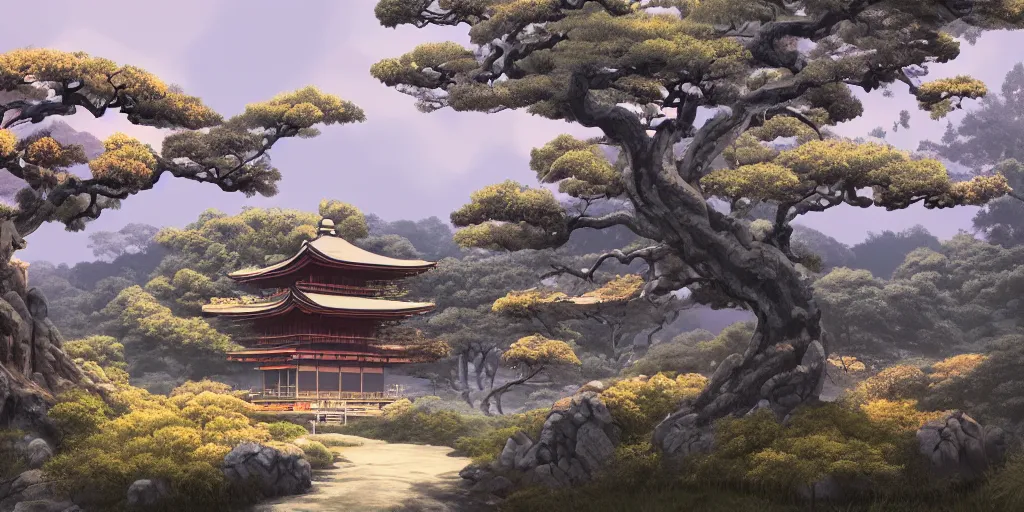 Image similar to digital painting of old japanese landscape with pagoda, curved trees and rocks, detailed, high quality, trending on artstation, 8 k, award winning