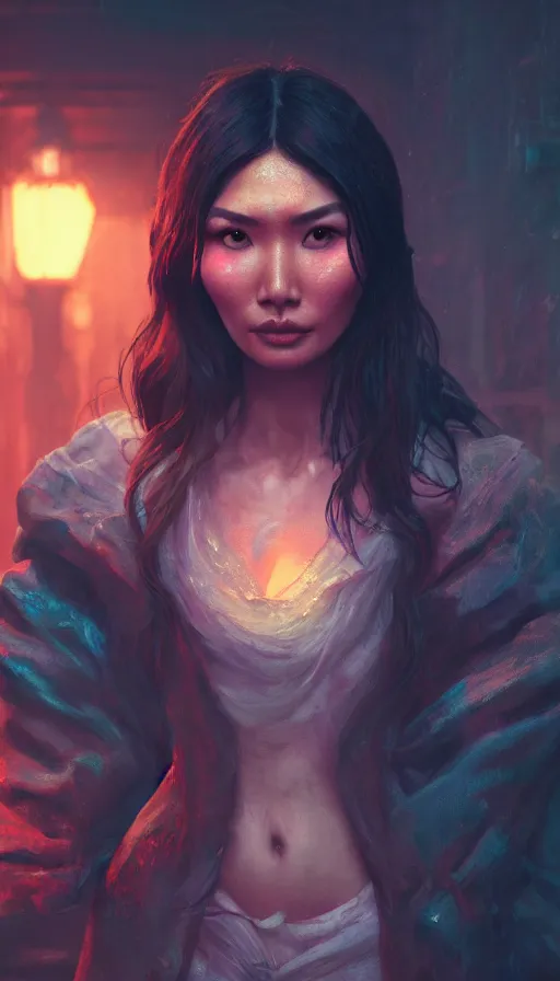 Image similar to portrait of gemma chan tavern bard, intricate face, furious expression, sweat, narrow dark streets with exotic dancers, vaporwave aesthetics, 8 k uhd, unreal engine, octane render in the artstyle of finnian macmanus, john park and greg rutkowski