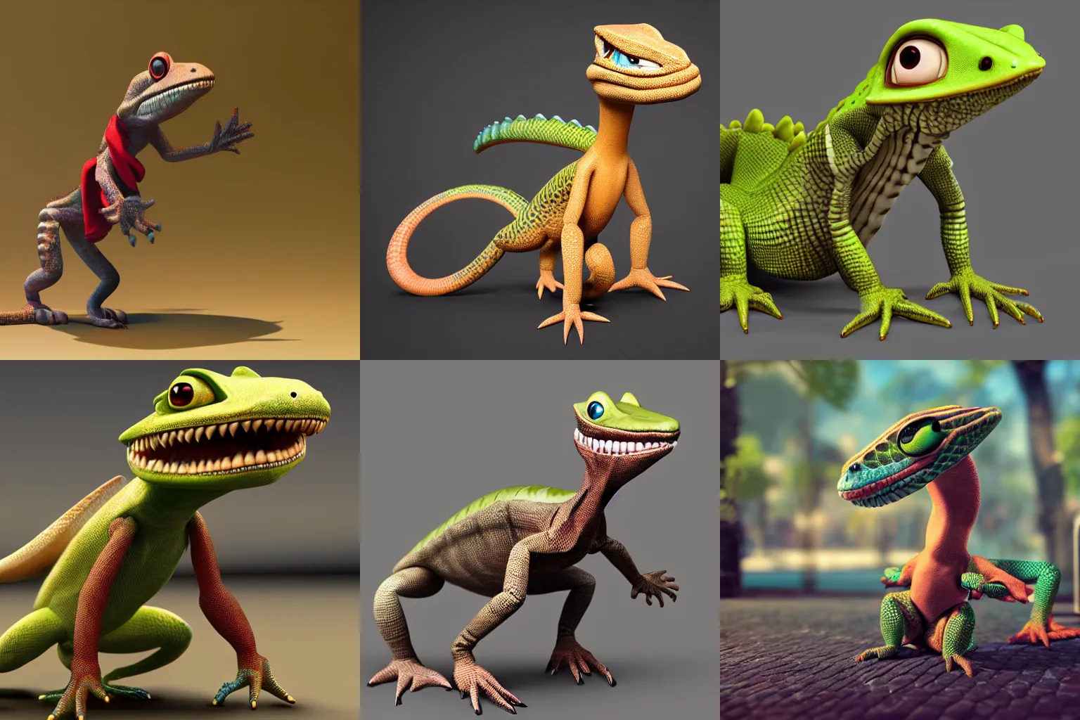 Prompt: anthropomorphic cartoon lizard wearing a scarf standing on two legs , character design, concept art, cute and friendly eyes, anime style. Vray rendering. Unreal engine.