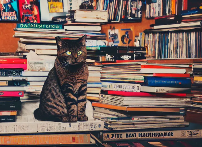 Image similar to photography of a Cat sitting on a pile of books and vinyls. a record player is in the shot. in a room full of vinyls and posters out of the 70's, photorealistic, raining award winning photo, 100mm, sharp, high res