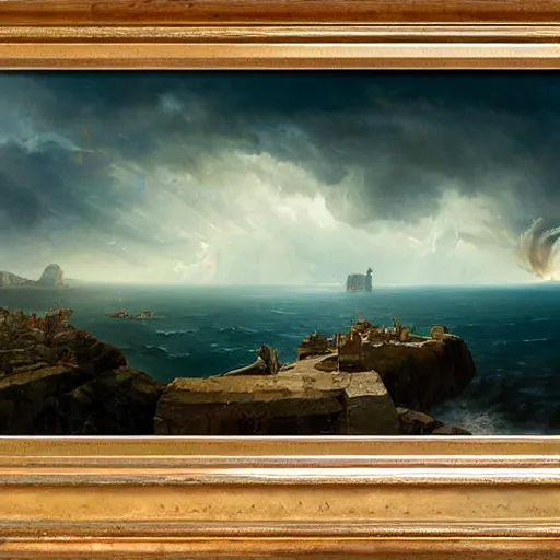 Prompt: Panorama view of a hurricane lifting ruined pieces from an ancient castle into the sky, flying island, oil painting, by Greg Rutkowski