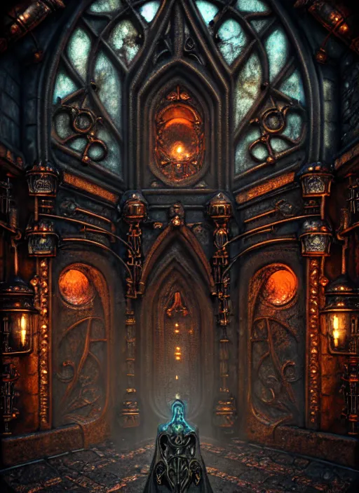 Image similar to steam necropolis, memento mori, gothic, neo - gothic, art nouveau, hyperdetailed copper patina medieval icon, stefan morrell, philippe druillet, ralph mcquarrie, concept art, steampunk, unreal engine, detailed intricate environment, octane render, moody atmospherics, volumetric lighting, ultrasharp, ominous, otherworldly