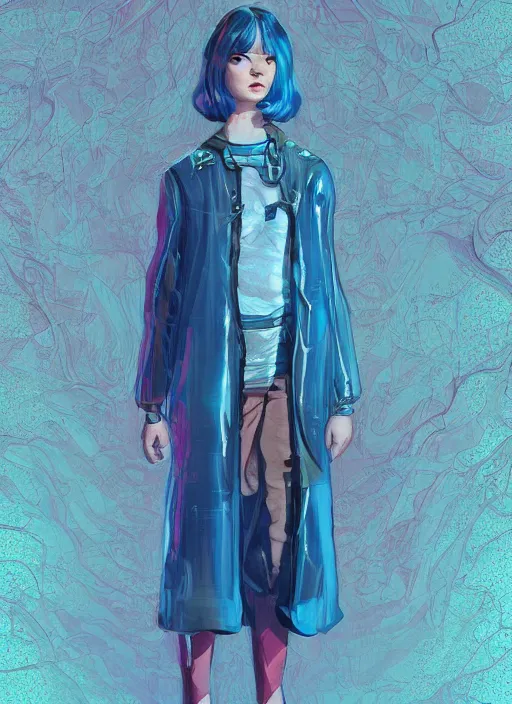 Image similar to blue eyes girl with transparent jacket :: by Martine Johanna and Simon Stålenhag and Chie Yoshii and wlop and Guillermo del toro :: ornate, dynamic, particulate, rich colors, elegant, centered, artstation, smooth, sharp focus, octane render, 3d