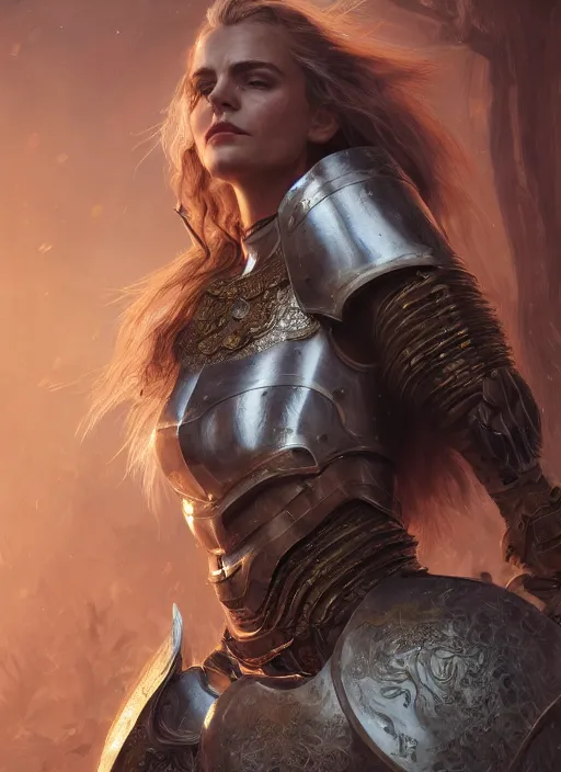 Image similar to portrait of cara delevinge as a legendary knight warrior, au naturel, hyper detailed, digital art, trending in artstation, cinematic lighting, studio quality, smooth render, unreal engine 5 rendered, octane rendered, art style by klimt and nixeu and ian sprigger and wlop and krenz cushart.