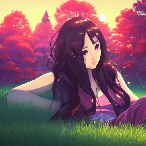 Prompt: a beautiful girl with long dark hair, sitting in the park next to her younger brother who has dark hair, sunset, evening, sharp focus, intricate, digital painting, artstation, official media, anime key visual, highly detailed, rich vivid colors, ambient lighting, illustration, art by Artgerm, Makoto Shinkai, Ilya Kuvshinov, Lois Van Baarle, and Rossdraws