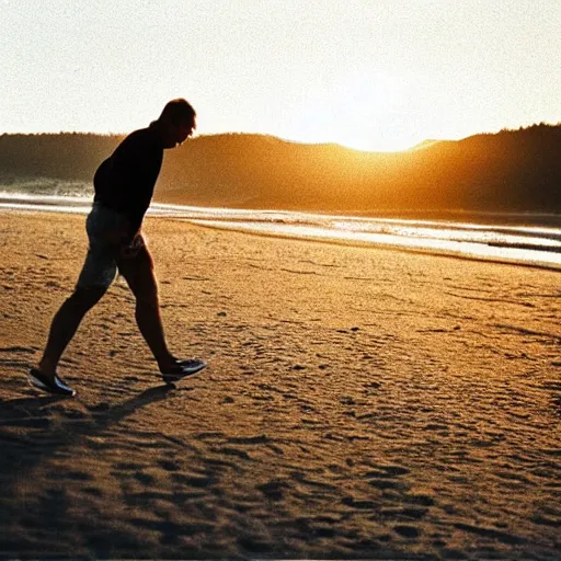 Prompt: a film candid photography of a man, athletic, walking towards camera on an Oregon beach, facing camera, natural lighting, golden hour, well lit, Kodak gold 200 film, trending on instagram