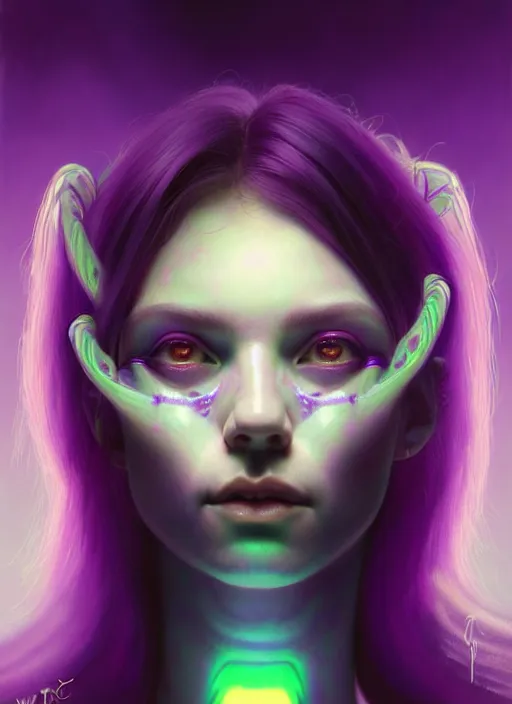 Prompt: portrait of trippy alien girl, purple long hair, jock, beefy, wide face, square jaw, square facial structure, intricate, elegant, glowing lights, highly detailed, digital painting, artstation, concept art, sharp focus, illustration, art by wlop, mars ravelo and greg rutkowski