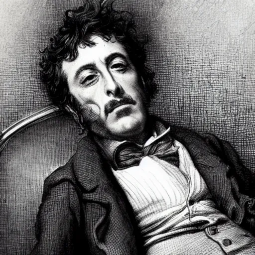 Prompt: Al pacino smoking a cigar, by gustave dore and william blake