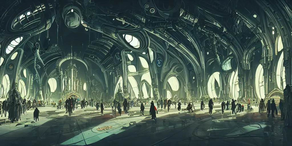 Image similar to cel shaded cinematic shot of the interior of a sci-fi space station with ornate Elven architecture bustling with people and flying cars, epic castle, gothic architecture, emerald, crystalline, detailed illustration, sharp focus, concept art