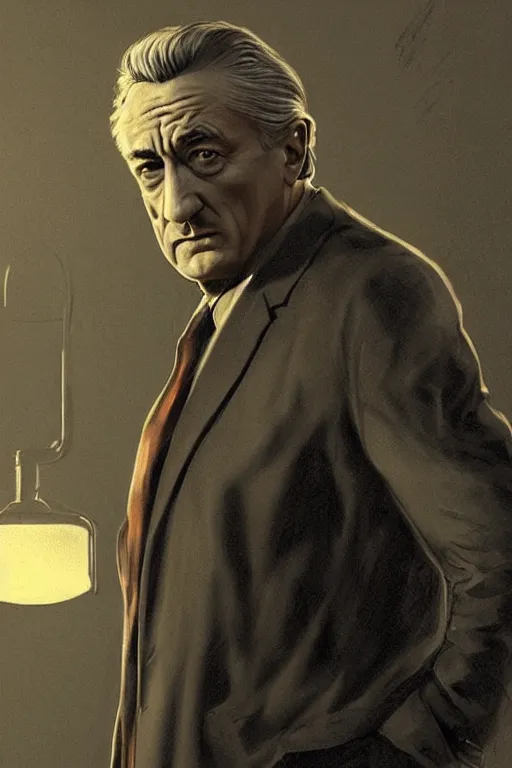 Image similar to portrait of Robert de niro as noir detective, Single face, dramatic lighting, cinematic, establishing shot, extremly high detail, photo realistic, cinematic lighting, post processed, concept art, artstation, matte painting, style by eddie mendoza, raphael lacoste, alex ross