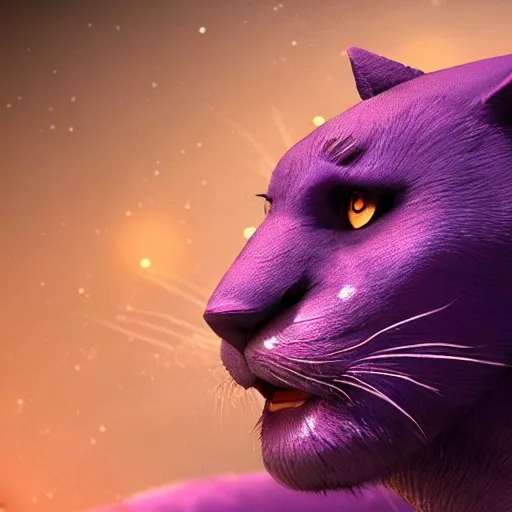 Image similar to closeup of a purple panther roaring at the moon. forest. night. large moon in the center. trending on artstation. cinematic. photoreal. dark colors.