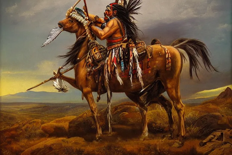 Prompt: a full length extremely detailed masterpiece painting of one rugged warrior american native apache with a feather in his head - ban sitting on his horse surveying a rugged texas big bend background, in the style of george catlin, insanely detailed, extremely moody lighting, glowing light and shadow, atmospheric