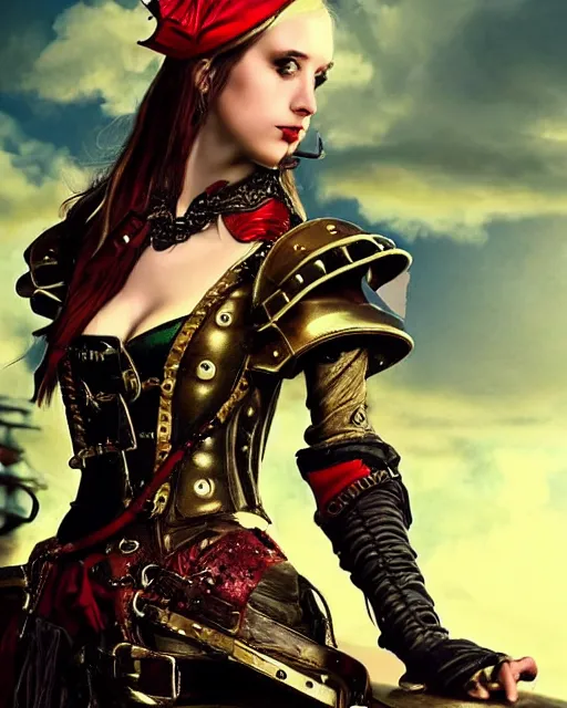 Image similar to a beautiful young female steampunk pirate wearing leather armor on gold and red trimmings on green, very cool pose, pirate ship with an epic sky background, slightly smiling Charlie Bowater Annie Leibovitz, zhuoxin ye, cinematic lighting and composition, fantasy painting, very detailed, ornate, 8k trending on artstation and pinterest, deviantart, google images