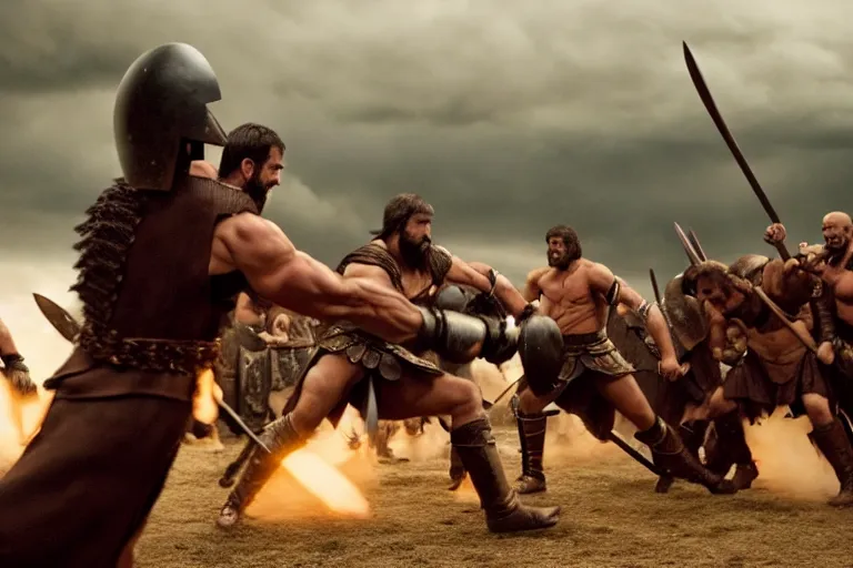 Image similar to cinematic action shot of joe biden as leonidas fighting in 3 0 0 movie, 8 k, epic moody sky, dramatic lighting