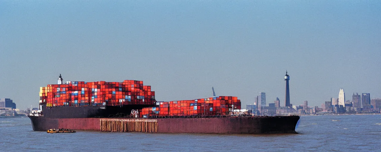 Prompt: a cargo ship transporting spaghetti in hudson river, background of the statute of liberty, canon 5 0 mm, photography, film, kodachrome