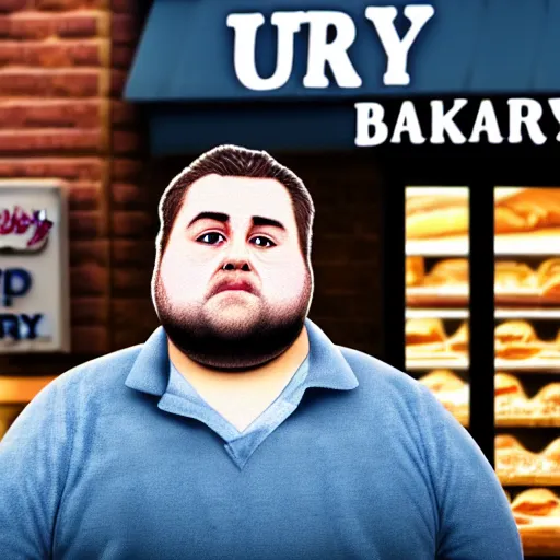 Image similar to Close up portrait of a chubby man with a bakery the background. Photorealistic. Award winning. Dramatic lighting. Intricate details. UHD 8K. He looks guilty.