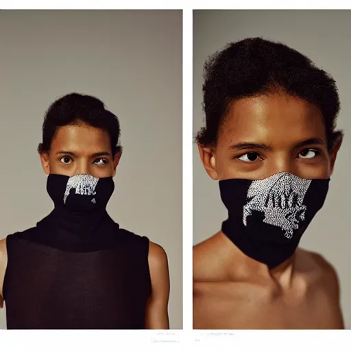 Prompt: realistic photoshooting for a new y - 3 lookbook, color film photography, portrait of a beautiful woman, model is wearing a balaclava mask, in style of tyler mitchell, 3 5 mm,