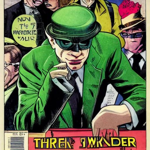 Prompt: the riddler, portrait, on the cover of a comic book