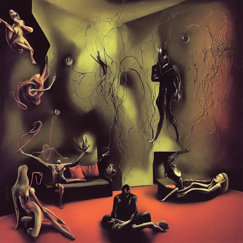 Image similar to Man and woman start to bounce in a living room of a house, floating dark energy surrounds the middle of the room. There is one living room plant to the side of the room, surrounded by a background of dark cyber mystic alchemical transmutation heavenless realm, cover artwork by francis bacon and Jenny seville and beksinski, midnight hour, part by adrian ghenie, part by jeffrey smith, part by josan gonzales, part by boris vallejo, part by norman rockwell, part by phil hale, part by kim dorland, artstation, highly detailed