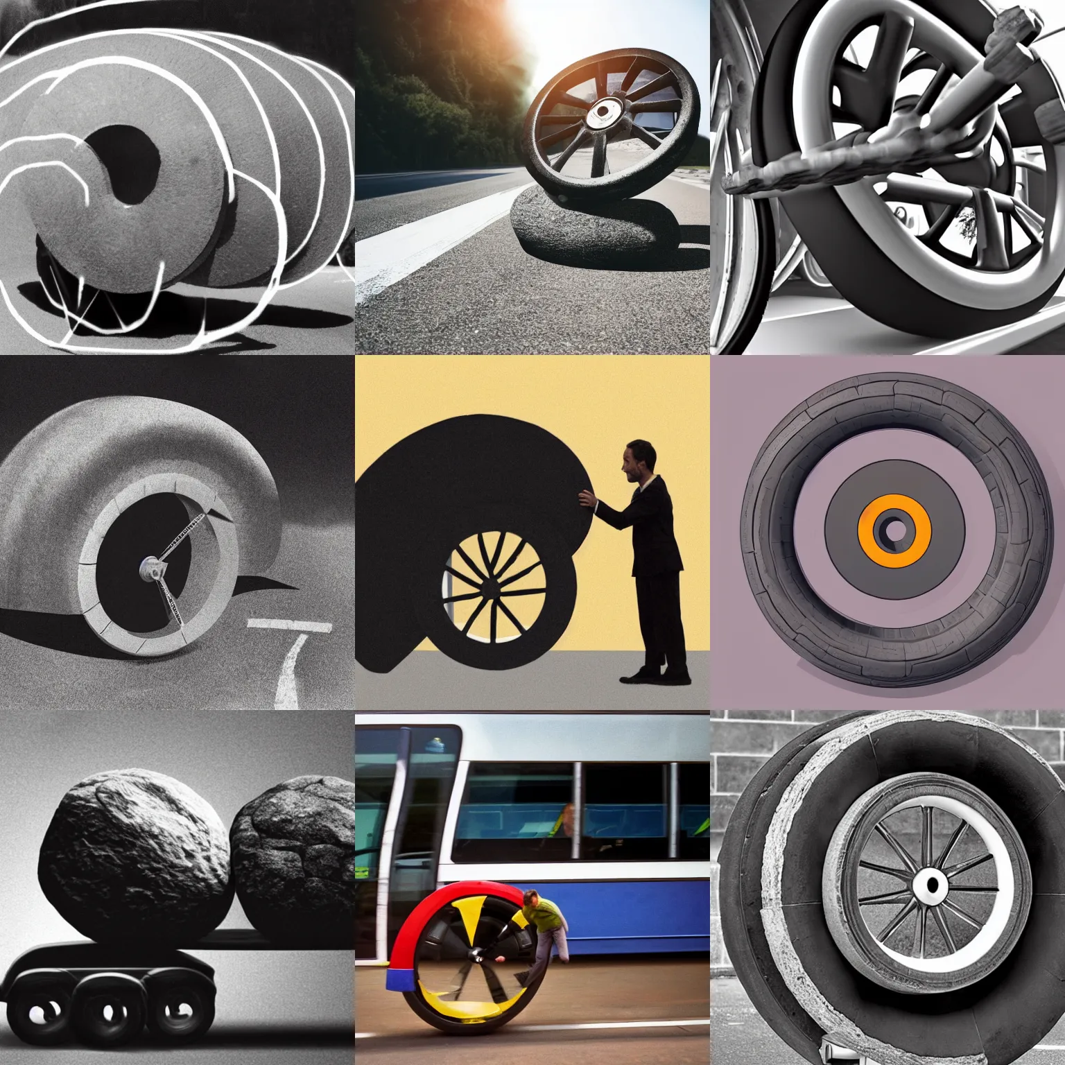 Prompt: sisyphus but instead of a boulder he's rolling a bus wheel