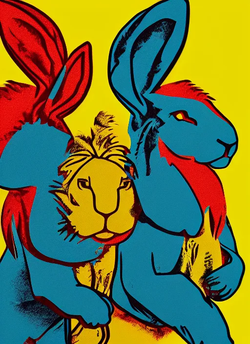 Prompt: rabbit and lion fight fiercely with anger in their eyes, wide angle lens, octane rendering, in the style andy warhol, 8 k,