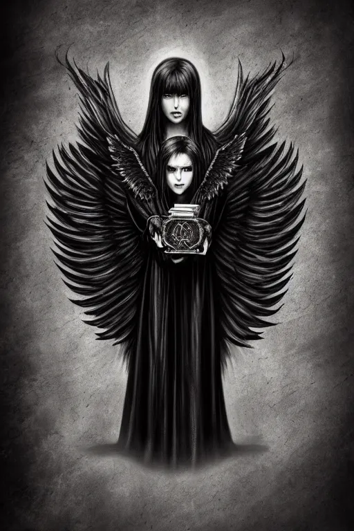 Image similar to dlsr photo illustration of summoned dark angel holding a book of necronomicon, symmetrical, cinematic, sharp focus, 4 k, ultra hd, sense of awe, sinister demonic atmosphere, dreadful, forbidden knowledge, old gods. demonology journal cover